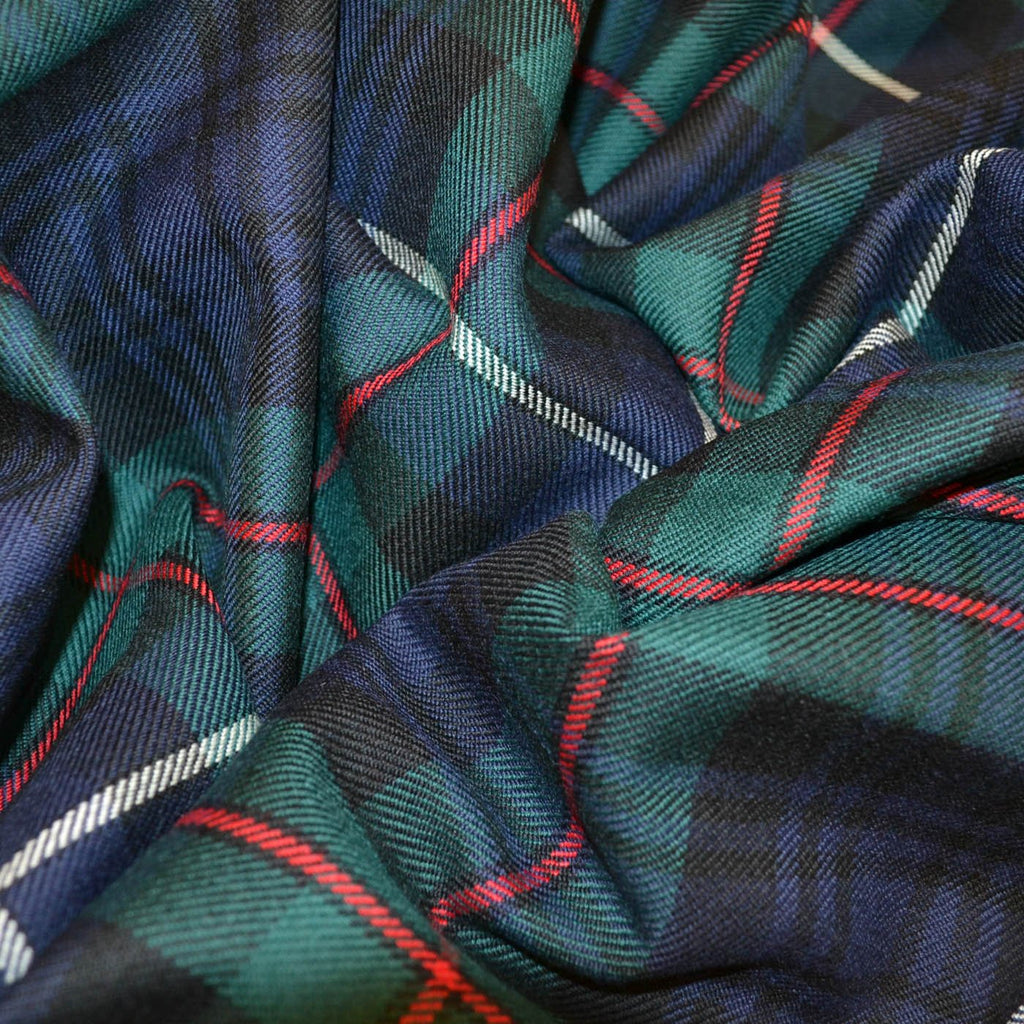 Close-up of wool blend tartan fabric showcasing its classic checked pattern in rich colors. The fabric combines the warmth of wool with the durability of synthetic fibers, ideal for stylish garments and home decor.