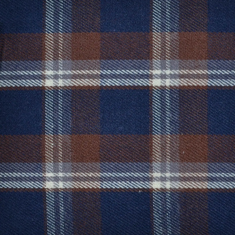 Navy Blue, White and Brown Plaid Check Brushed Check Cotton Shirting