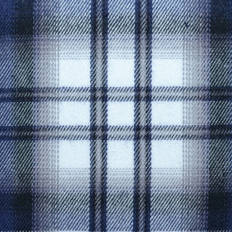 White, Grey and Navy Blue Plaid Check Brushed Check Cotton Shirting