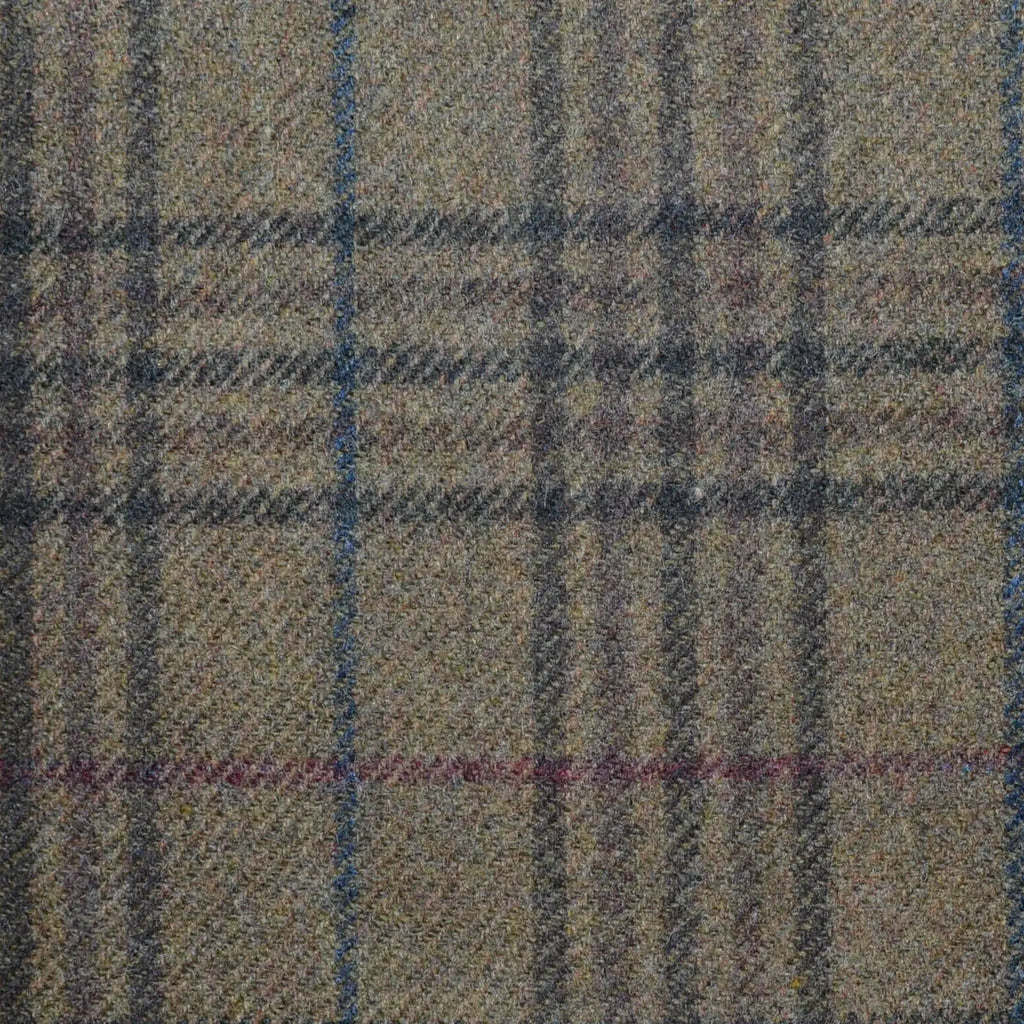 Moss Green/Brown with Blue and Red Plaid Check Lambswool & Cashmere Jacketing Yorkshire Fabric