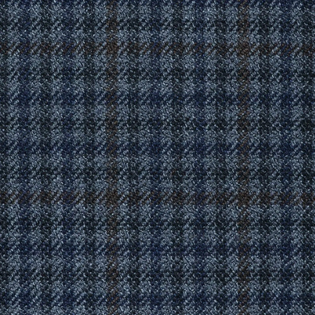 Medium Grey with Brown and Blue Gun Check All Wool Vintage Twist Suiting Yorkshire Fabric