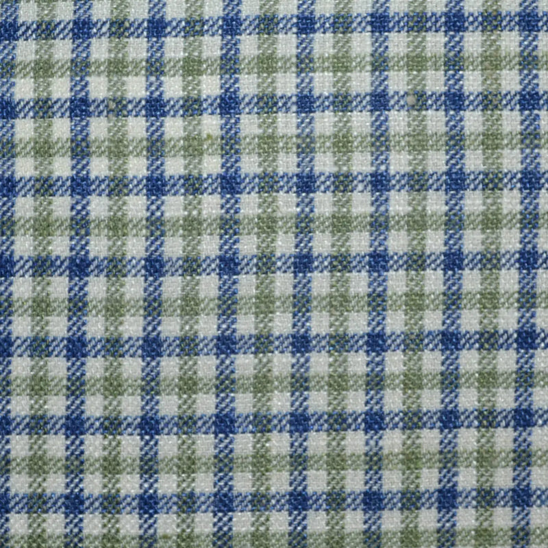 Ecru, Pale Gren and Medium Blue Check Wool, Silk & Linen Jacketing Yorkshire Fabric