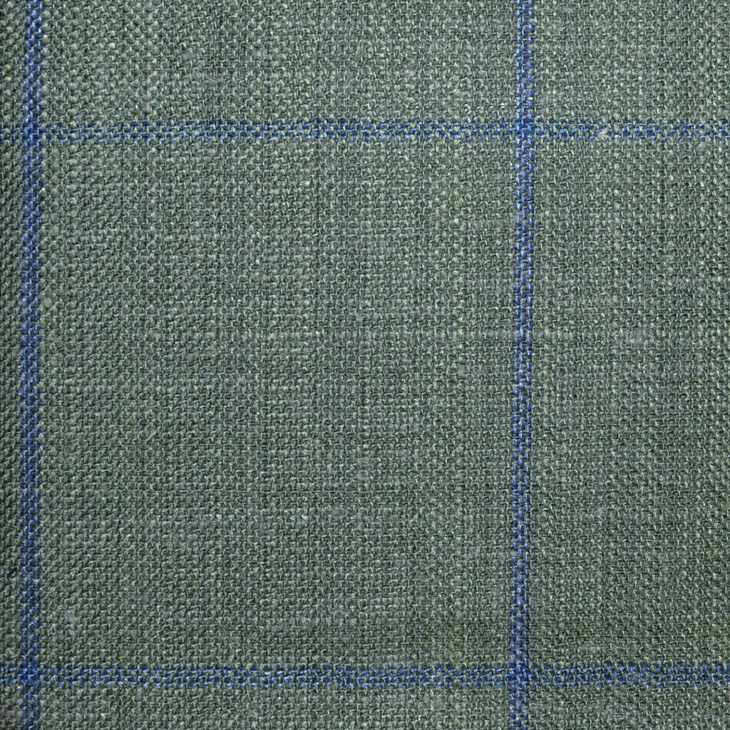 Green with Blue Windowpane Check Wool, Silk & Linen Jacketing Yorkshire Fabric