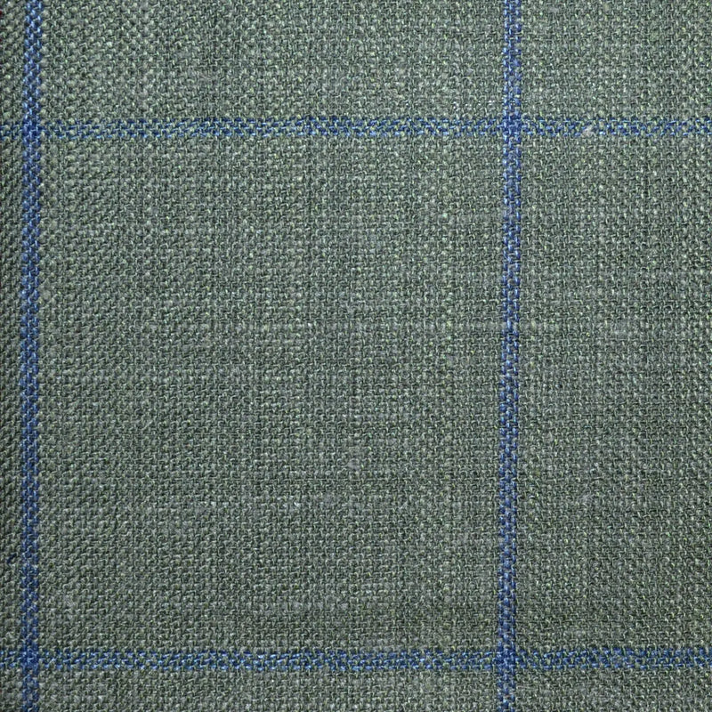 Green with Blue Windowpane Check Wool, Silk & Linen Jacketing Yorkshire Fabric