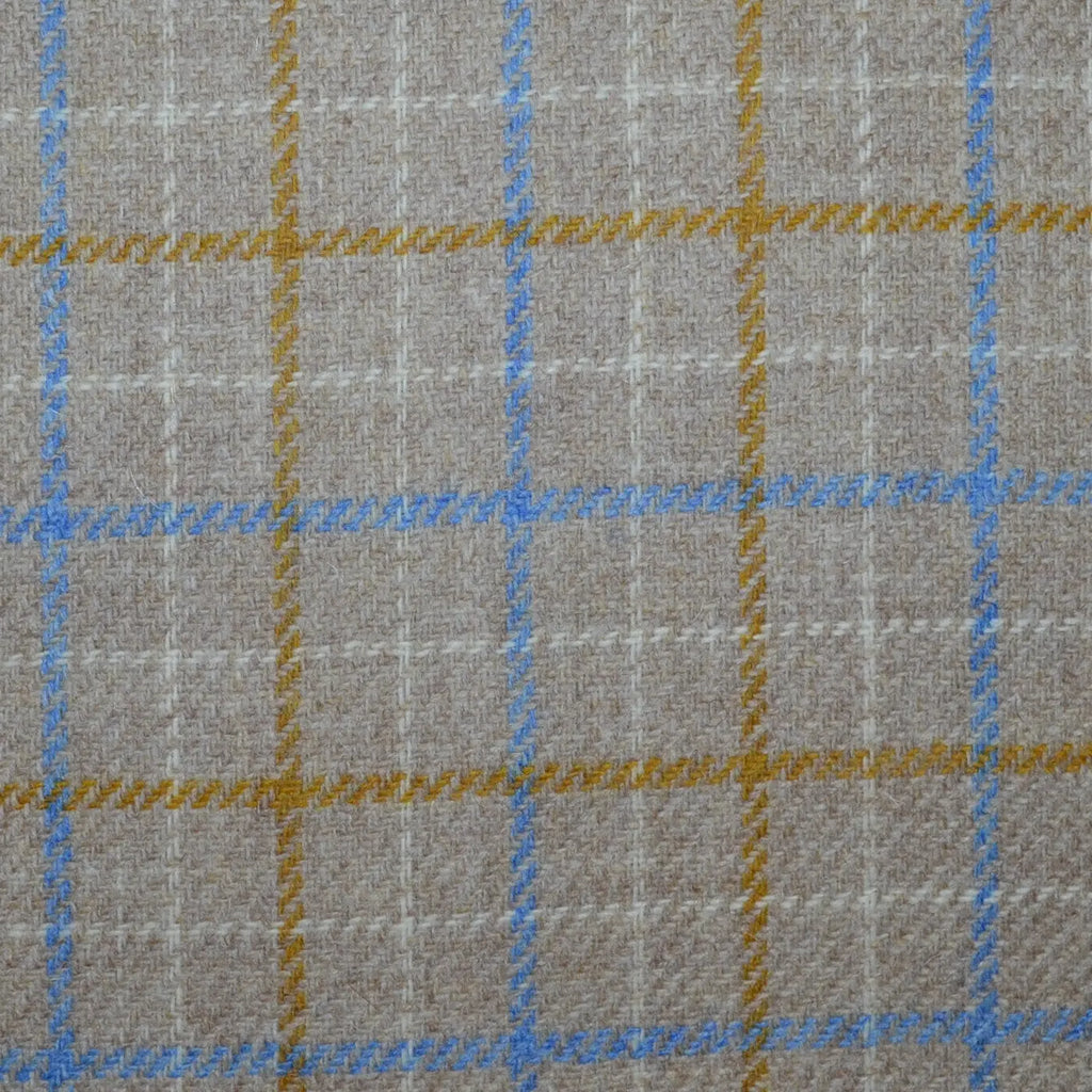 Beige with Blue, Mustard and Ecru Box Check All Wool Tweed Yorkshire Fabric