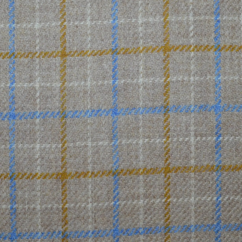 Beige with Blue, Mustard and Ecru Box Check All Wool Tweed Yorkshire Fabric