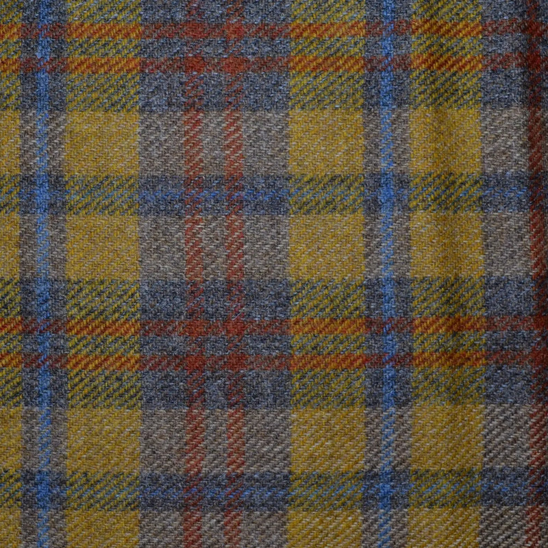 Tan with Blue, Red and Orange Plaid Check All Wool Harris Tweed - 2.00 Metres Yorkshire Fabric