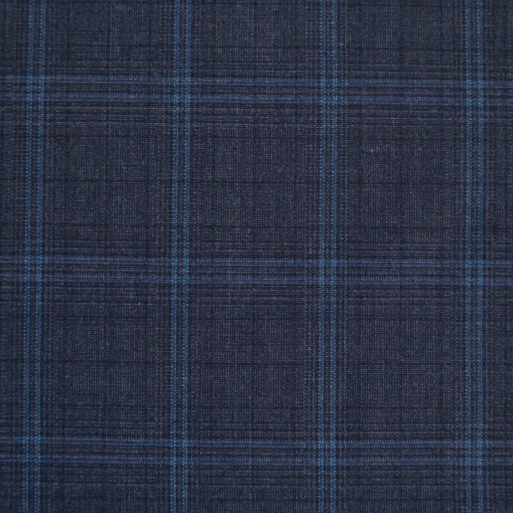 Navy Blue Glen Check Poly Wool/Lycra Blend Suiting - 3.50 Metres Yorkshire Fabric