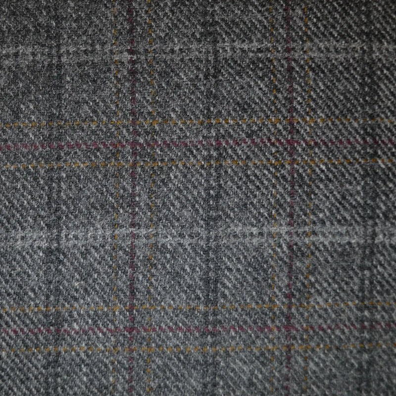 Dark Grey/Brown with Red, Mustard and Silver Check Lambswool Tweed - 2.00 Metres Yorkshire Fabric