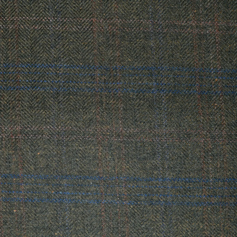 Moss Green with Blue and Orange Check Lambswool Tweed - 2.00 Metres Yorkshire Fabric